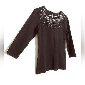 White House Black Market Black Fitted Blouse with Embellished 3/4 Sleeves M